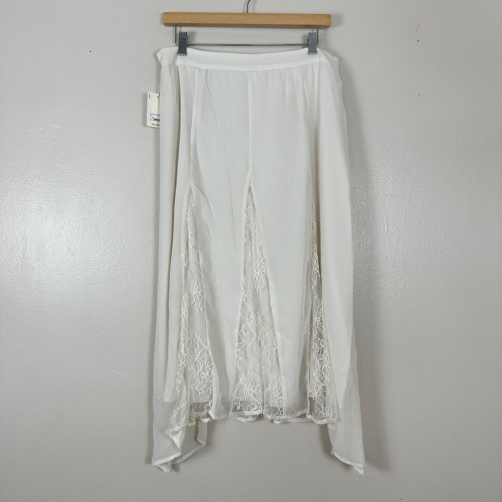 a.n.a Woman's Size L Midi Skirt Birch White Lace Inset Sheer Overlay NWT